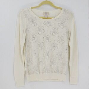 Loft Metallic Floral Print Lace Overlay Round Neck Pullover Knit Sweater Size M
